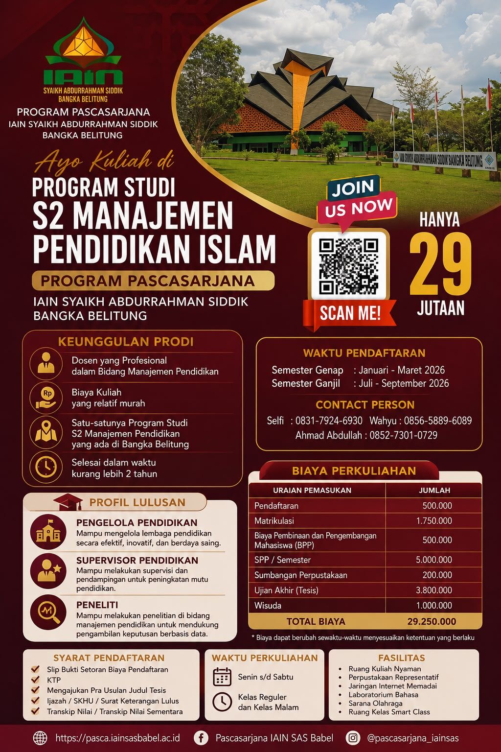 PENGUMUMAN PENERIMAAN MAHASISWA BARU PROGRAM STUDI S2 MANAJEMEN PENDIDIKAN ISLAM PASCASARJANA IAIN SAS BANGKA BELITUNG RESMI DIBUKA